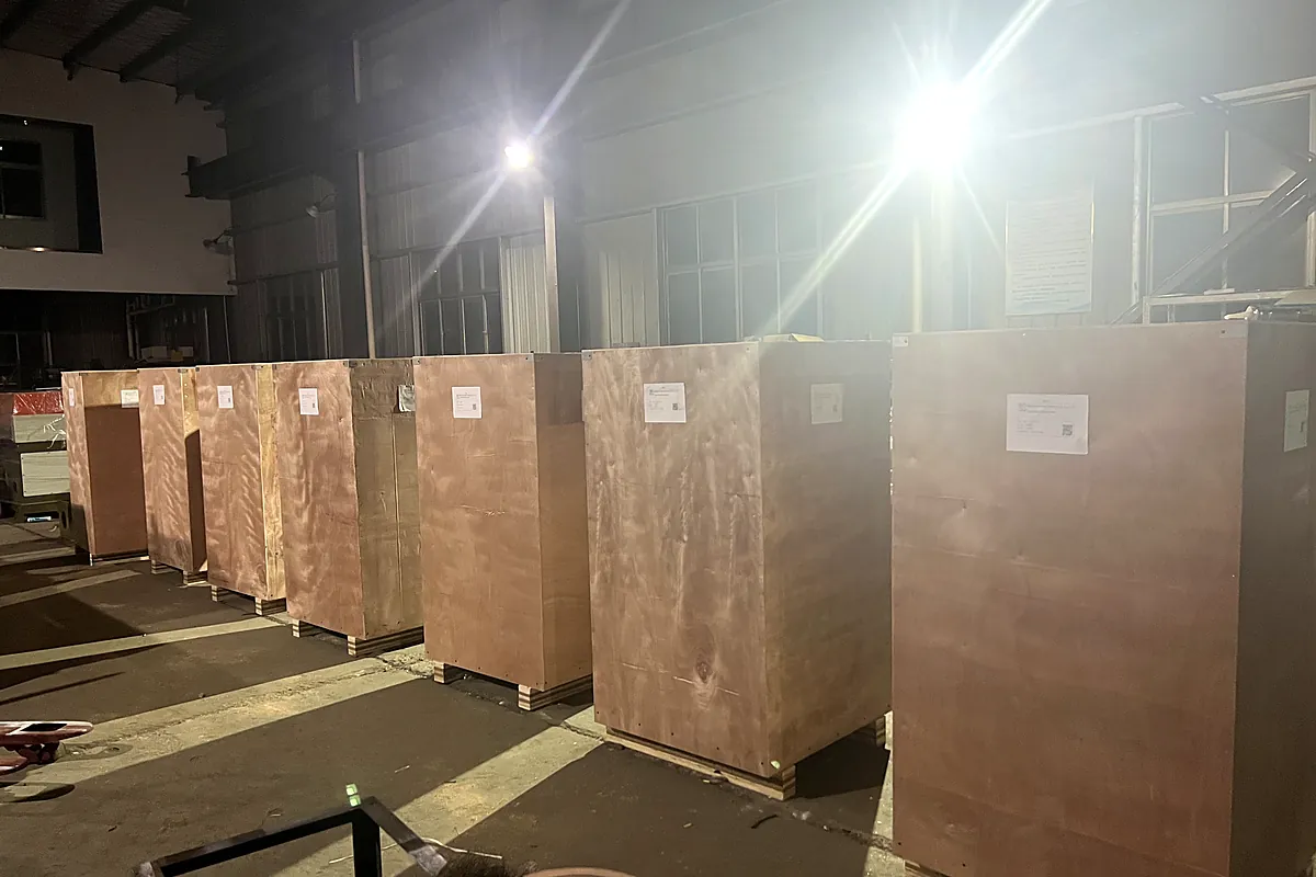 Industrial machines packed in wooden cases for export shipment