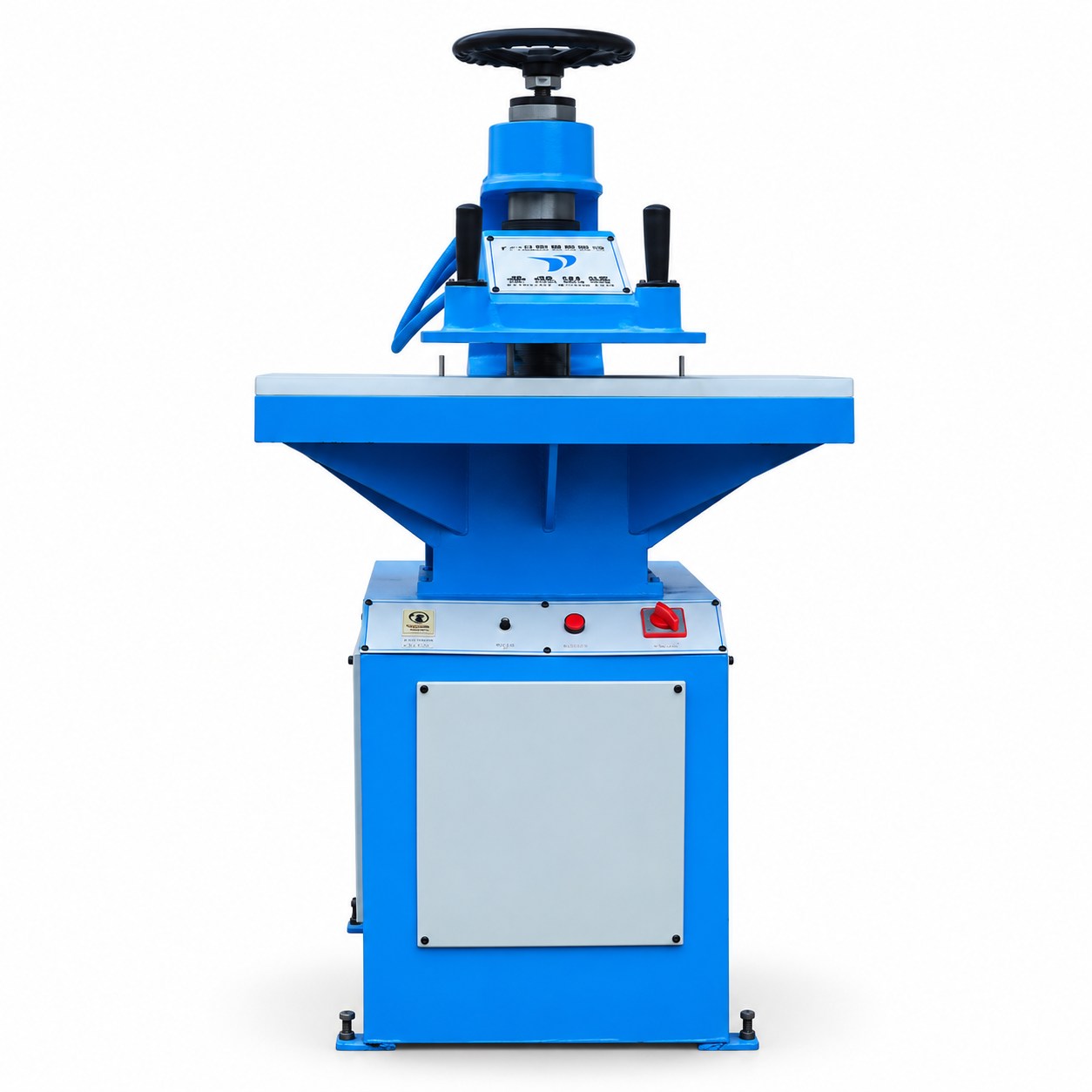 Blue swing arm die cutting machine, front view