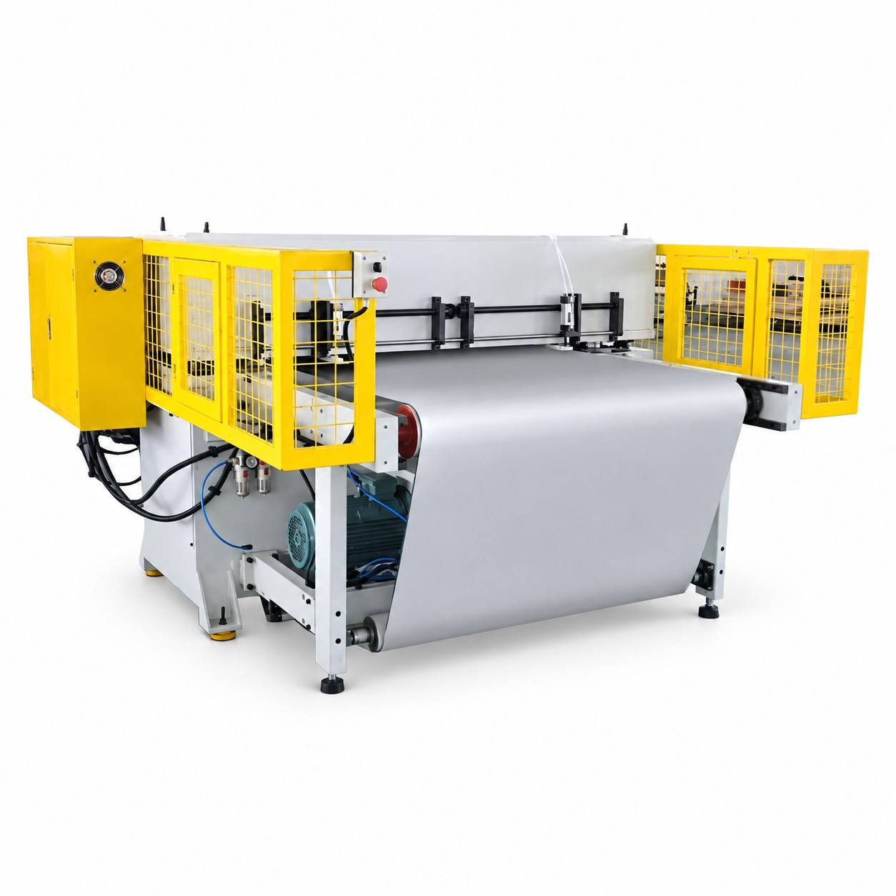 Belt-fed cutting machine with yellow safety guards