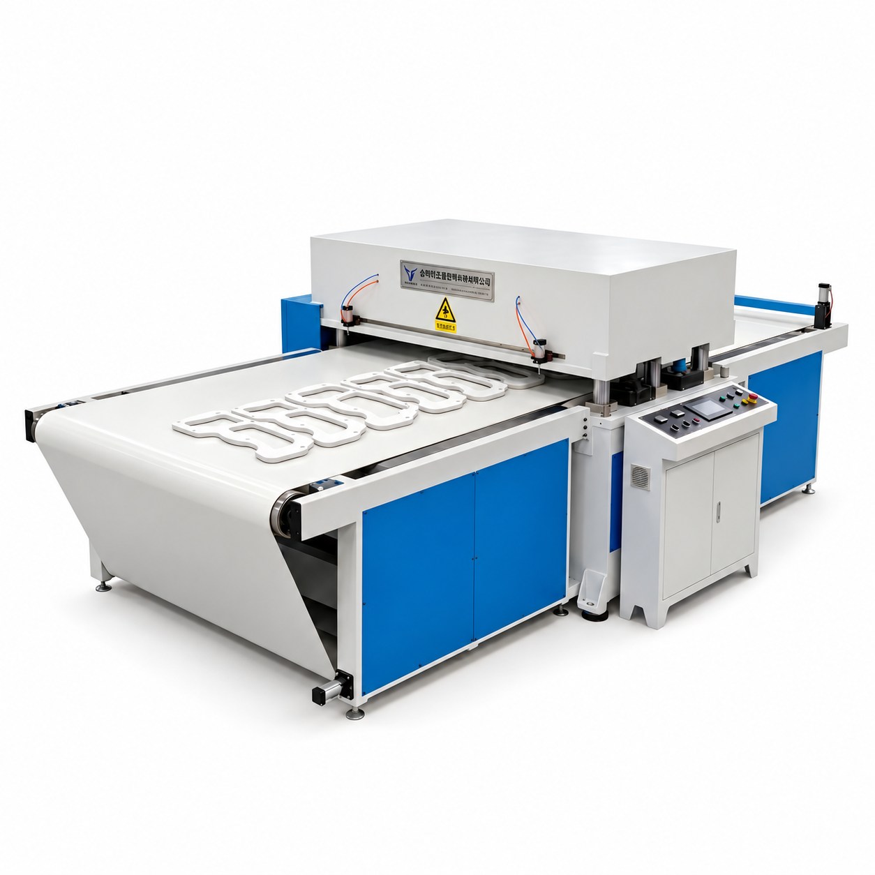 Conveyor belt hydraulic die cutting machine, original blue and white configuration